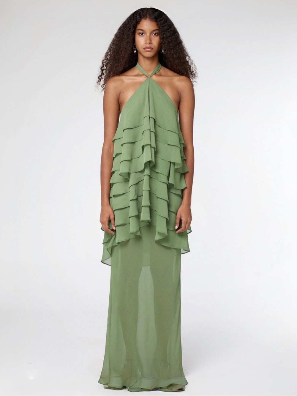 THIRD FORM Gaia Tiered Ruffle Halter Maxi Dress Juniper Green Sz 10 $400